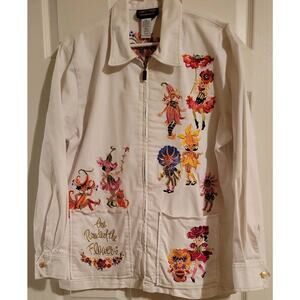 Bob Mackie Parade of Flowers Embroidery Cotton Spandex Jacket Large White